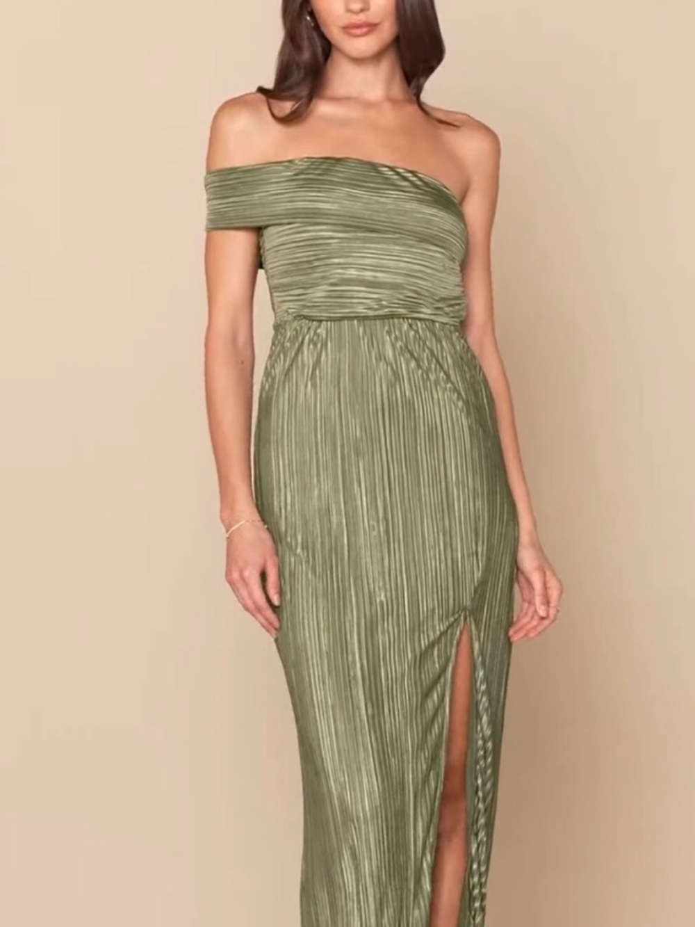 Lulu's Olive One-Shoulder Pleated Maxi Dress with Thigh Slit